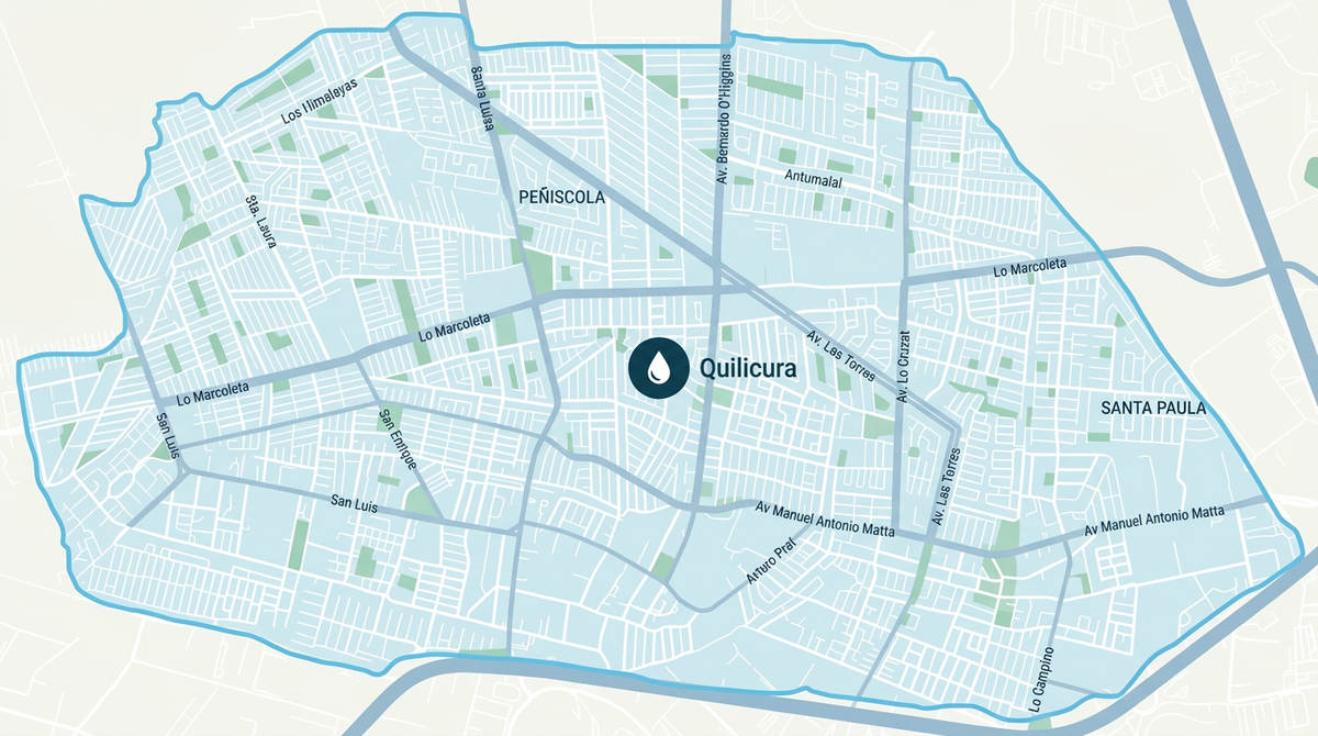 Mapa de la zona de cobertura de Aguasol en Quilicura y la Zona Norte de Santiago